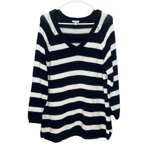 Talbots Women's Nautical Navy Blue & White Striped V-Neck Knit Sweater Size XL